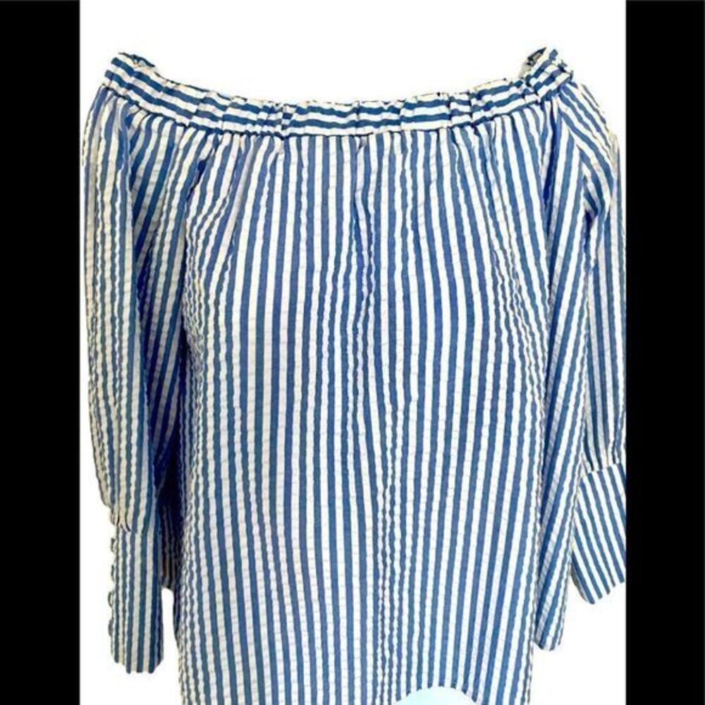 Chicos Off Shoulder Seersucker Top - S blue striped , poly /cotton blend